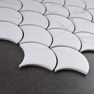 JAPM404 White Marble glazed Saint porcelain Fish Scale Fan Shape Mosaic tile