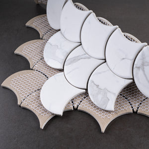 JAPM404 White Marble glazed Saint porcelain Fish Scale Fan Shape Mosaic tile