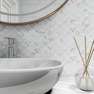 JAPM404 White Marble glazed Saint porcelain Fish Scale Fan Shape Mosaic tile