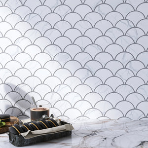 JAPM404 White Marble glazed Saint porcelain Fish Scale Fan Shape Mosaic tile