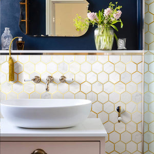NBG-6 3" Honeycomb Hexagon White and Gold Metal Stainless Steel Polished Marble Tile