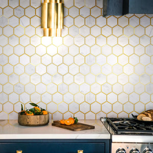 NBG-6 3" Honeycomb Hexagon White and Gold Metal Stainless Steel Polished Marble Tile