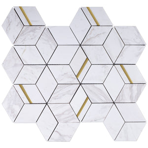 TNDOG-01 Hexagon Gold and White Marble tile with metal stainless steel backsplash