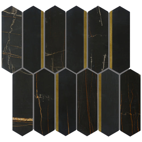 TNDOG-04 Long Hexagon black and gold marble mosaic tile backsplash