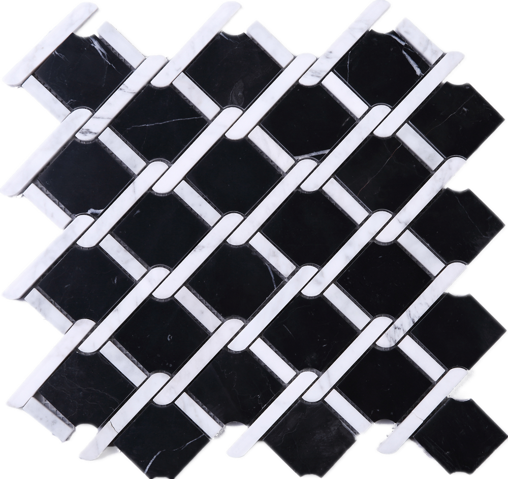 TNEAG-02 Interlock Link Tie Black and White Stone Mosaic Tile Sheet