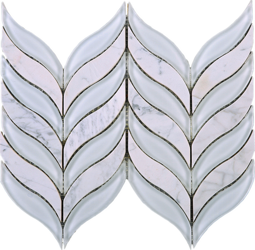 TNLG-02 Leaf Shape White Glass and White Marble Mosaic Backsplash Tile