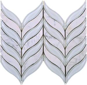 TNLG-02 Leaf Shape White Glass and White Marble Mosaic Backsplash Tile