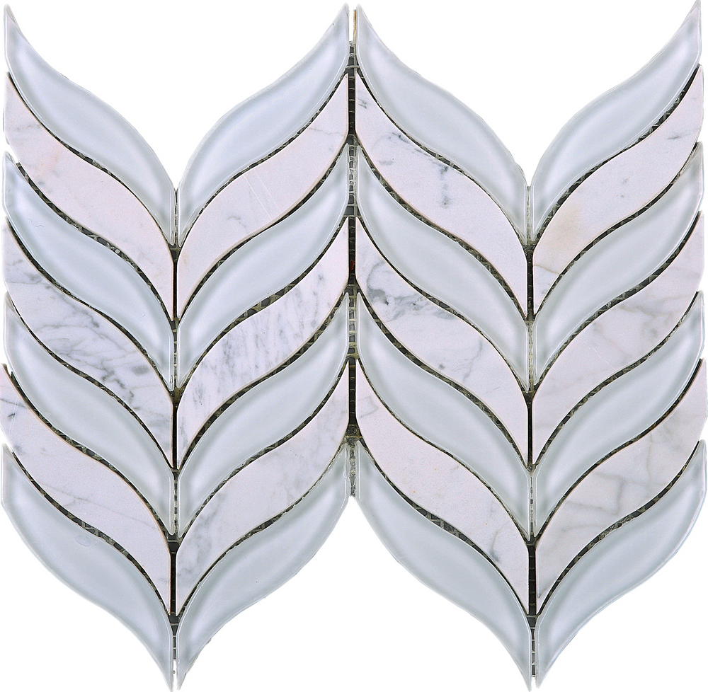 TNLG-02 Leaf Shape White Glass and White Marble Mosaic Backsplash Tile