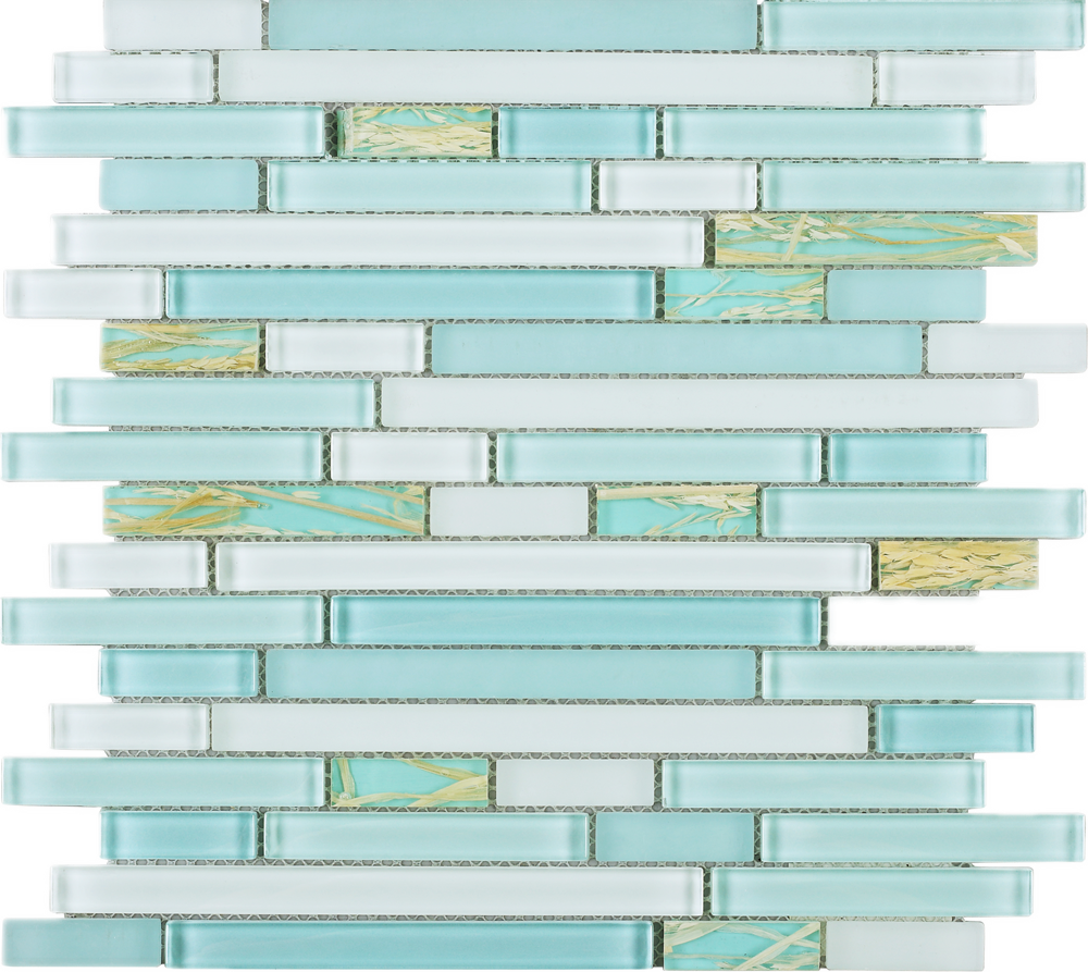 TNLQG-02 Turquoise Blue Green Glass Stripe Floral Mosaic Tile