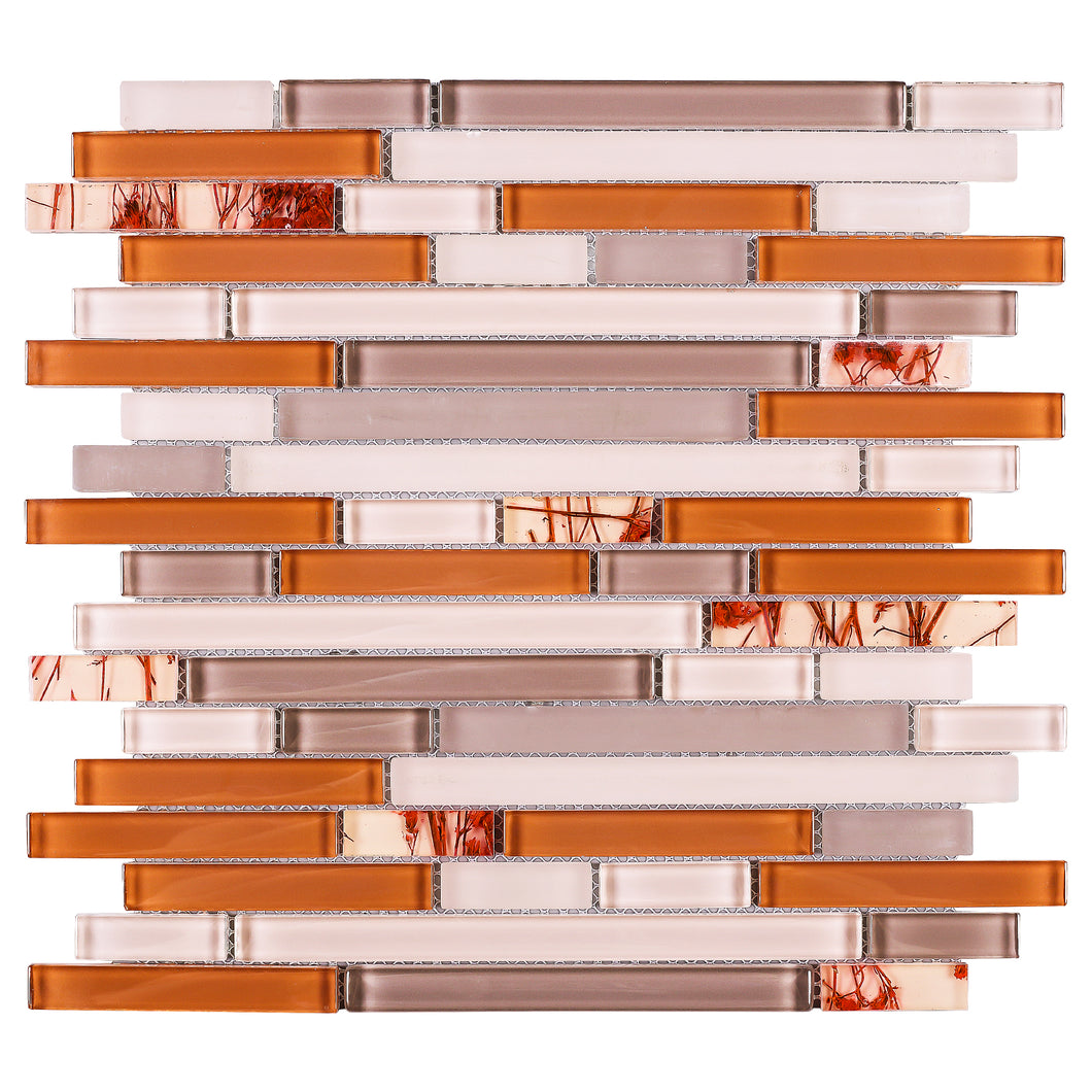 TNLQG-03 Orange Beige Glass Stripe Floral Mosaic Tile