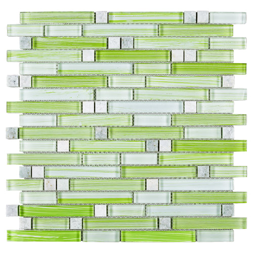 TNLQG-04 Apple Green Glass Stripe Floral Mosaic Tile
