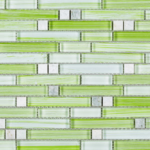 TNLQG-04 Apple Green Glass Stripe Floral Mosaic Tile