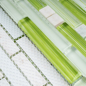 TNLQG-04 Apple Green Glass Stripe Floral Mosaic Tile