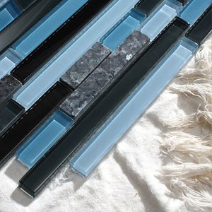 TNLQG-06 Blue Black Glass with Blue Pearl Marble Mosaic Tile