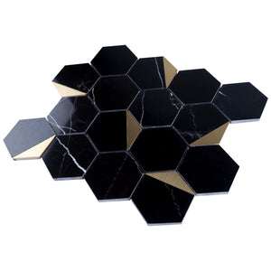 TNNGG-01 3" Hexagon Black and Gold Polished Marble Mosaic Tile Backsplash