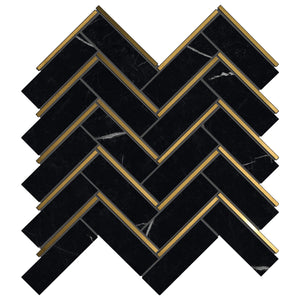 TNNGG-04 Herringbone Black and Gold Polished Marble Mosaic Tile Backsplash