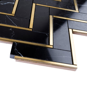 TNNGG-04 Herringbone Black and Gold Polished Marble Mosaic Tile Backsplash