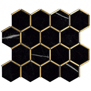 TNNGG-06 3" Honeycomb Hexagon Black and Gold Polished Marble Mosaic Tile Backsplash