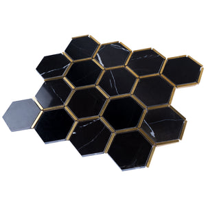 TNNGG-06 3" Honeycomb Hexagon Black and Gold Polished Marble Mosaic Tile Backsplash