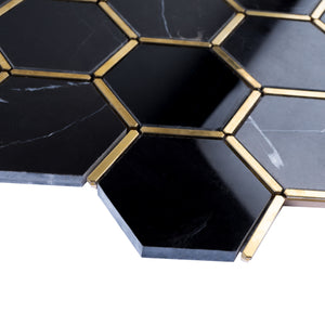 TNNGG-06 3" Honeycomb Hexagon Black and Gold Polished Marble Mosaic Tile Backsplash