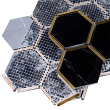 TNNGG-06 3" Honeycomb Hexagon Black and Gold Polished Marble Mosaic Tile Backsplash
