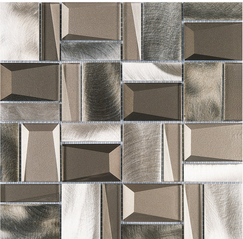 TPHANG-02 Brown Glass Mix With Aluminum 3x3 Grid Mosaic Tile Sheet Backsplash
