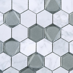 TPHANG-04 White Carrara mix with Grey Glass 2" Hexagon Mosaic Tile Sheet Backsplash