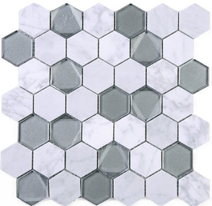 TPHANG-04 White Carrara mix with Grey Glass 2" Hexagon Mosaic Tile Sheet Backsplash