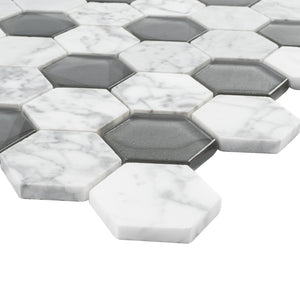 TPHANG-04 White Carrara mix with Grey Glass 2" Hexagon Mosaic Tile Sheet Backsplash