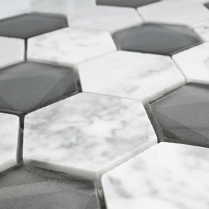 TPHANG-04 White Carrara mix with Grey Glass 2" Hexagon Mosaic Tile Sheet Backsplash