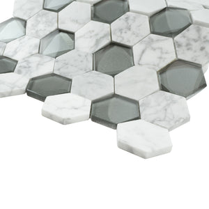 TPHANG-04 White Carrara mix with Grey Glass 2" Hexagon Mosaic Tile Sheet Backsplash