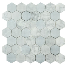 TPHANG-04 White Carrara mix with Grey Glass 2" Hexagon Mosaic Tile Sheet Backsplash
