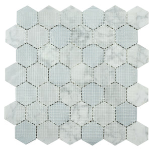 TPHANG-04 White Carrara mix with Grey Glass 2" Hexagon Mosaic Tile Sheet Backsplash