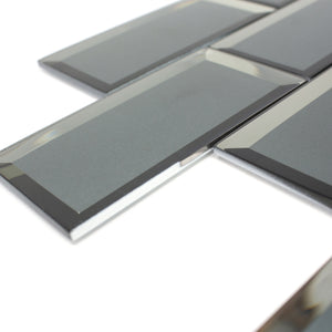TRBMG-03 3x6 Grey Foil Paper Back Glass Subway Tile With Bevel Backsplash