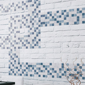 TREGLG-01 Blue and White 2x2 Grid Recycle Glass Mosaic Tile Sheet Backsplash
