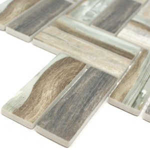 TREGLG-07 Recycle Glass Wooden Look Brown Herringbone Mosaic Tile Backsplash