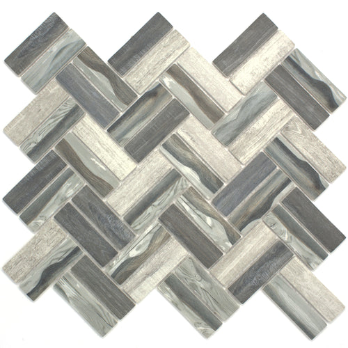 TREGLG-08 Recycle Glass Wooden Look Grey Herringbone Mosaic Tile Backsplash