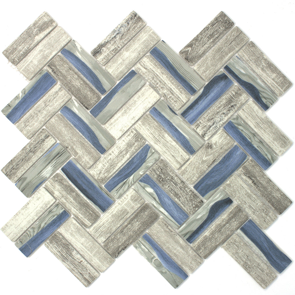 Tile Generation TREGLG-09 Recycle Glass Wooden Look Blue Herringbone Mosaic Tile Backs ...
