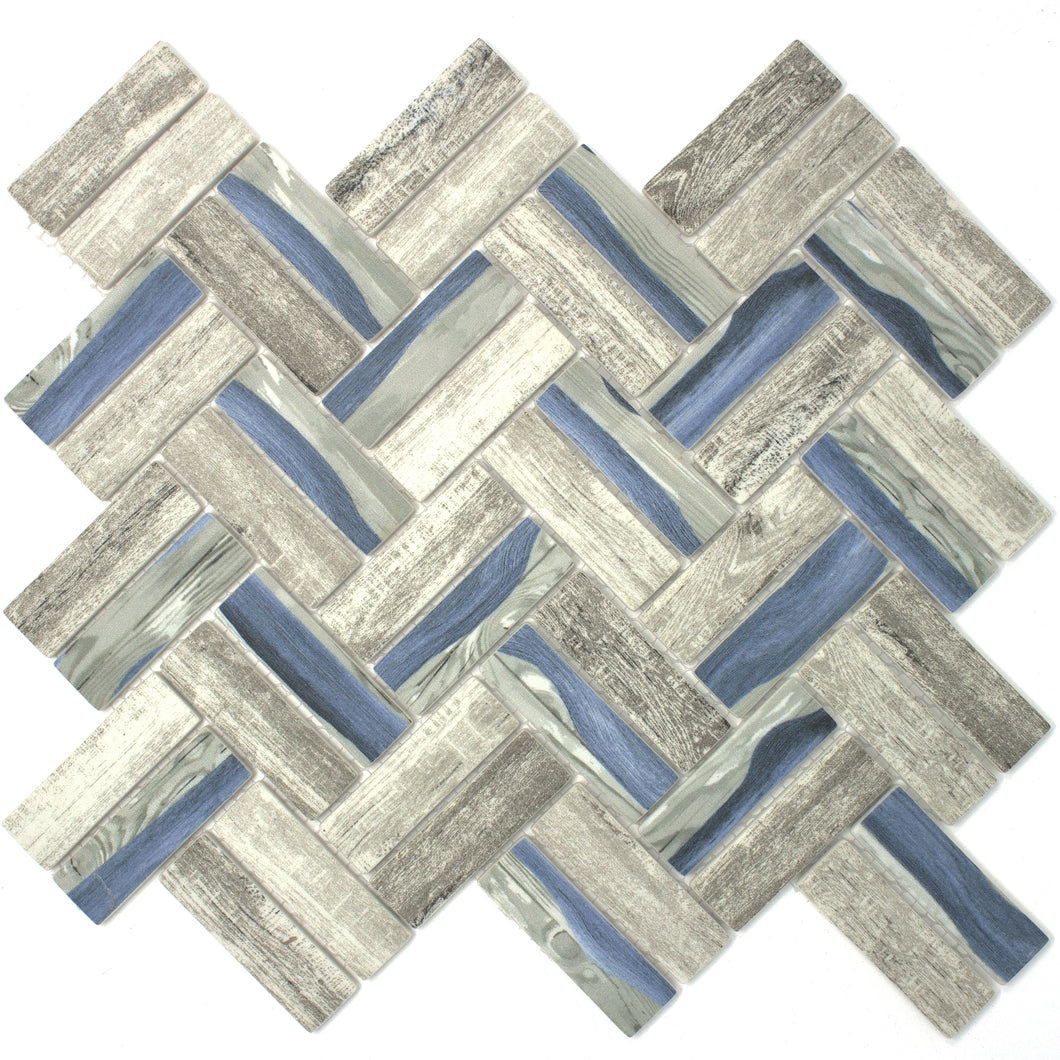 TREGLG-09 Recycle Glass Wooden Look Blue Herringbone Mosaic Tile Backsplash
