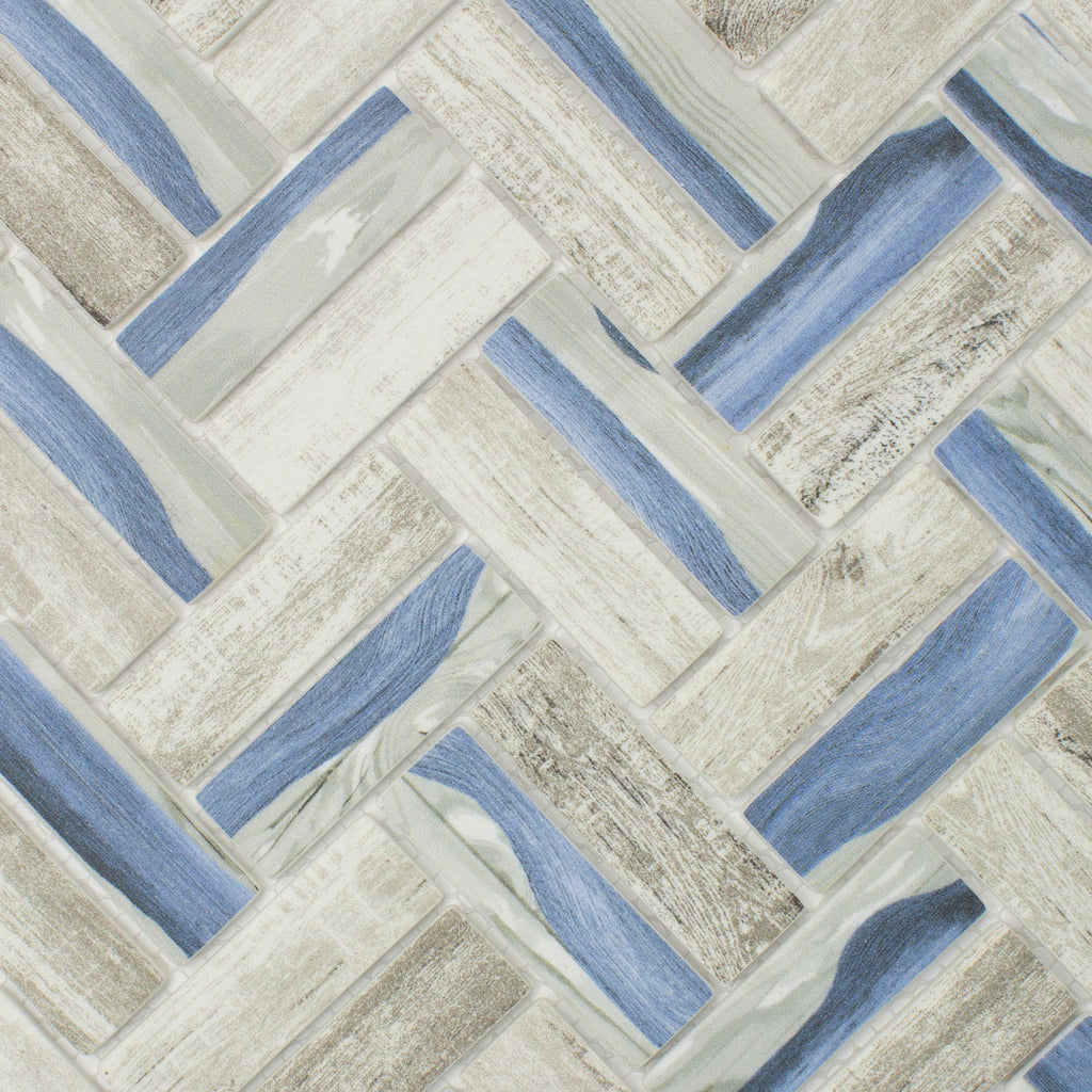 TREGLG-09 Recycle Glass Wooden Look Blue Herringbone Mosaic Tile Backs ...
