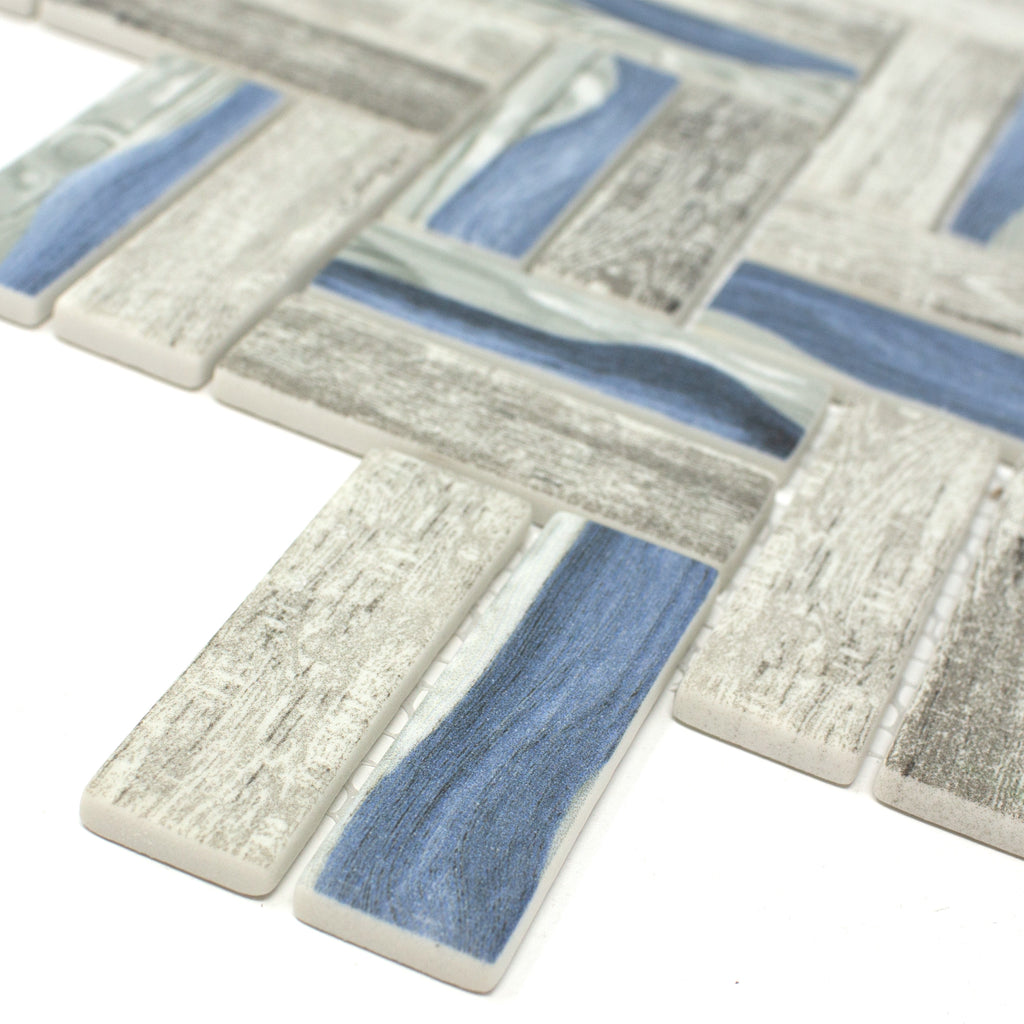 TREGLG-09 Recycle Glass Wooden Look Blue Herringbone Mosaic Tile Backs ...