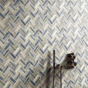 TREGLG-09 Recycle Glass Wooden Look Blue Herringbone Mosaic Tile Backsplash