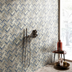 TREGLG-09 Recycle Glass Wooden Look Blue Herringbone Mosaic Tile Backsplash