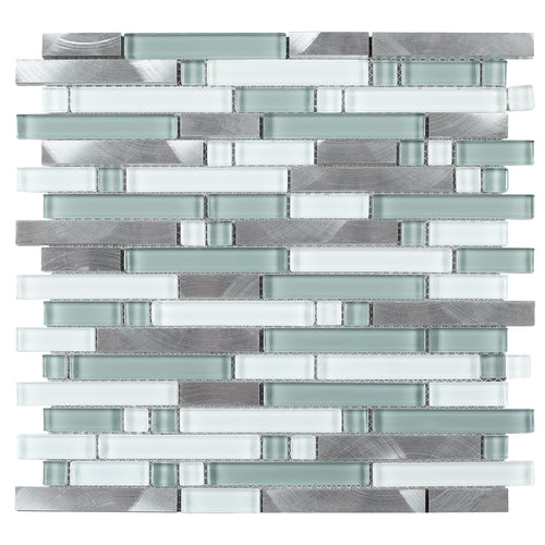 TSBKG-01 Blue Silver Brick Glass and Aluminum Mosaic Tile Backsplash