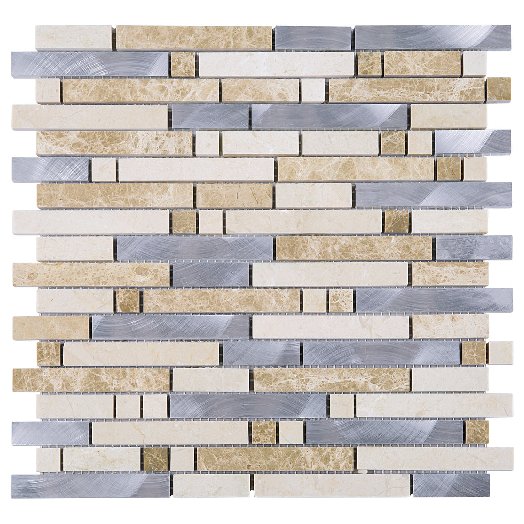 TSBKG-02 Brick Light Emperador Stone and Aluminum Mosaic Tile Backsplash