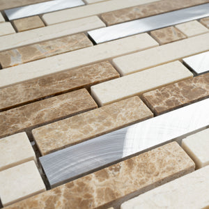 TSBKG-02 Brick Light Emperador Stone and Aluminum Mosaic Tile Backsplash