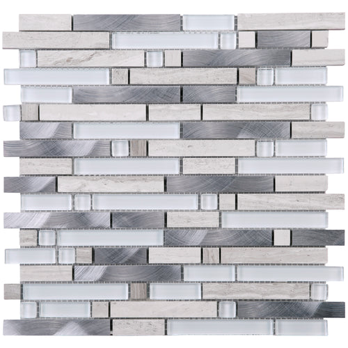 TSBKG-03 Brick White Glass and Wooden Beige and Aluminum Mosaic Tile Sheet