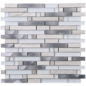 TSBKG-03 Brick White Glass and Wooden Beige and Aluminum Mosaic Tile Sheet