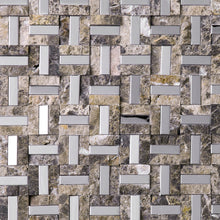 TSBKG-05 Maze Basket Weave Emperador Slate Stone and Stainless Steel Backsplash Mosaic Tile Sheet