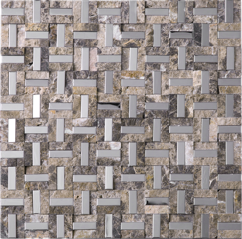 TSBKG-05 Maze Basket Weave Emperador Slate Stone and Stainless Steel Backsplash Mosaic Tile Sheet